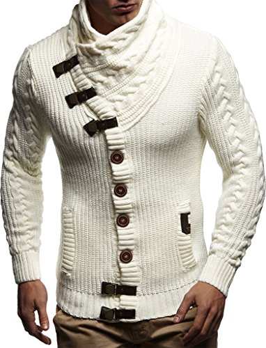 Leif Nelson Herren Strickjacke Schalkragen Slim Fit Winter-Freizeit-Jacke Sommer Moderne Männer Pulli Grobstrick Sweatjacke Langarm Herren schwarzer Hoodie-Pullover LN7080 Ecru Medium von Leif Nelson