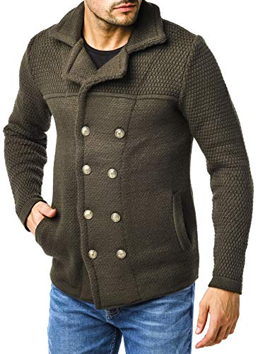 Leif Nelson Herren Strickjacke Schwarze Jacke für Winter Schalkragen Winterjacke Übergangsjacke Hoodie Männer Freizeitjacke Sweatjacke Slim Fit LN6000 M Khaki von Leif Nelson