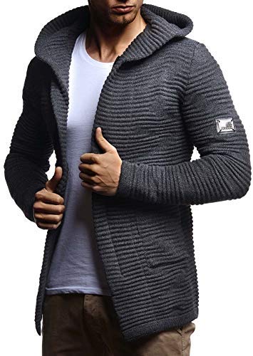 Leif Nelson Herren Strickjacke lang mit Kapuze & Reißverschluss (Grau, Größe M) - Strick Sweatjacke Männer Cardigan für Winter von Leif Nelson