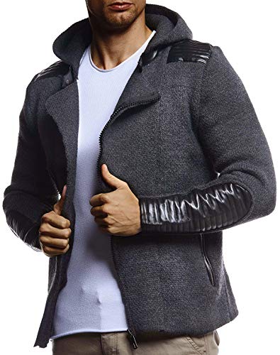 Leif Nelson Herren Strickjacke mit Kapuze Reissverschluss Cardigan Schwarze Biker Jacke für Winter Winterjacke Übergangsjacke Hoodie Männer Freizeitjacke Langarm Slim Fit LN5810 M Anthrazit von Leif Nelson