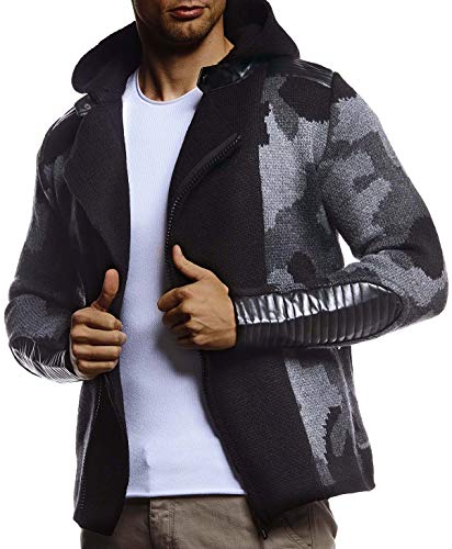 Leif Nelson Herren Strickjacke mit Kapuze Reissverschluss Cardigan Schwarze Biker Jacke für Winter Winterjacke Übergangsjacke Hoodie Männer Freizeitjacke Langarm Slim Fit LN5810 S Schwarz-Anthrazit von Leif Nelson