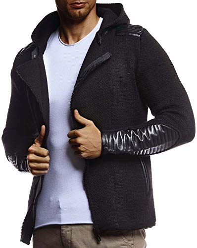 Leif Nelson Herren Strickjacke mit Kapuze Reissverschluss Cardigan Schwarze Biker Jacke für Winter Winterjacke Übergangsjacke Hoodie Männer Freizeitjacke Langarm Slim Fit LN5810 S Schwarz von Leif Nelson
