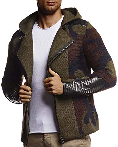 Leif Nelson Herren Strickjacke mit Kapuze Reissverschluss Schwarze Biker Jacke für Winter Winterjacke Übergangsjacke Camouflage Hoodie Männer Freizeitjacke Langarm Slim Fit LN5810 L Schwarz-Khaki von Leif Nelson