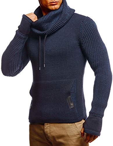 Leif Nelson Herren Strickpullover Blau mit Kragen/Hochwertiger Winterpullover Regular Fit, ideal für Casual-Looks, Langarm Größe L von Leif Nelson