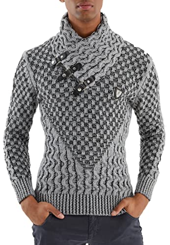 Leif Nelson Herren Strickpullover Grau mit Schalkragen/Hochwertiger Winterpullover in Regular Fit, ideal für Casual und Business, Langarm Größe 4XL von Leif Nelson