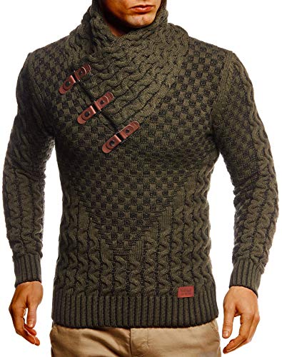 Leif Nelson Herren Strickpullover Khaki mit Schalkragen/Hochwertiger Winterpullover in Regular Fit, ideal für Casual und Business, Langarm Größe XXL von Leif Nelson