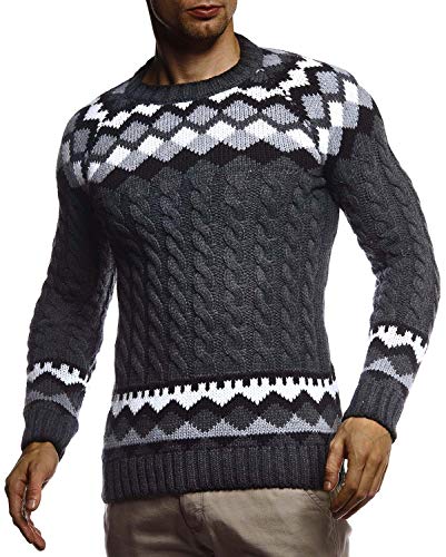 Leif Nelson Herren Strickpullover Norwegerpullover Pullover mit Rundkragen Winterpullover Männer Pulli für Weihnachten Winter Norweger Muster Slim Fit Crew Neck LN20757 S Anthrazit von Leif Nelson