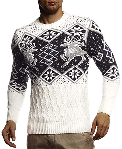 Leif Nelson Herren Strickpullover Norwegerpullover Pullover mit Rundkragen Winterpullover Männer Pulli für Weihnachten Winter Norweger Muster Slim Fit Crew Neck LN20761 L Ecru von Leif Nelson