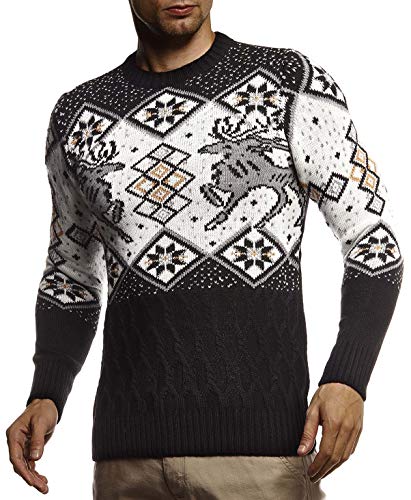 Leif Nelson Herren Strickpullover Norwegerpullover Pullover mit Rundkragen Winterpullover Männer Pulli für Weihnachten Winter Norweger Muster Slim Fit Crew Neck LN20761 L Schwarz von Leif Nelson