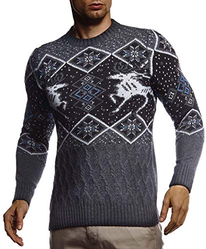 Leif Nelson Herren Strickpullover Norwegerpullover Pullover mit Rundkragen Winterpullover Männer Pulli für Weihnachten Winter Norweger Muster Slim Fit Crew Neck LN20761 M Anthrazit von Leif Nelson