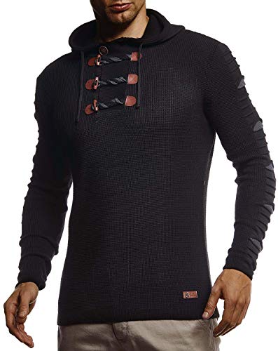 Leif Nelson Herren Strickpullover Pullover mit Kapuze Hoodie für Männer Pulli für Winter Kapuzenpullover Slim Fit Longsleeve Langarm Crew Neck LN1740 L Schwarz-Anthrazit von Leif Nelson