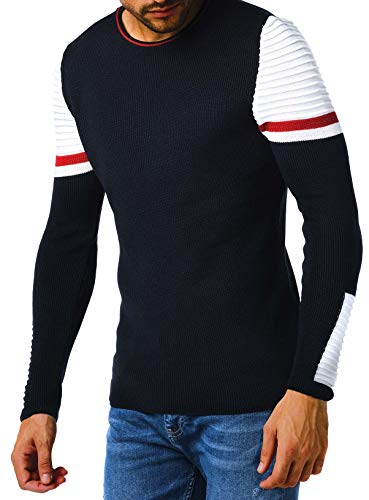 Leif Nelson Herren Strickpullover Pullover mit Rundkragen Feinstrickpullover Männer Pulli für Winter Rundhals-Ausschnitt Slim Fit Longsleeve Langarm Crew Neck LN1980 L,Dunkel Blau-Rot von Leif Nelson