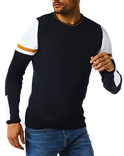 Leif Nelson Herren Strickpullover Pullover mit Rundkragen Feinstrickpullover Männer Pulli für Winter Rundhals-Ausschnitt Slim Fit Longsleeve Langarm Crew Neck LN1980 L Dunkel Blau-Ocker von Leif Nelson