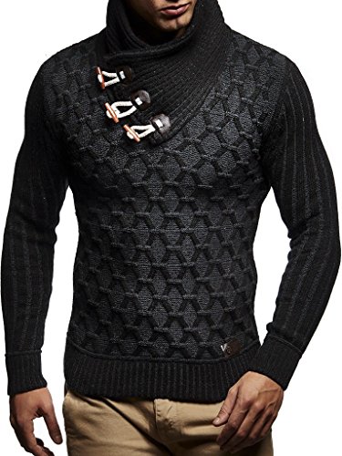 Leif Nelson Herren-Strickpullover Strick-Pulli mit Schalkragen Moderner Woll-Pullover LN5385 Schwarz Anthrazit Small von Leif Nelson
