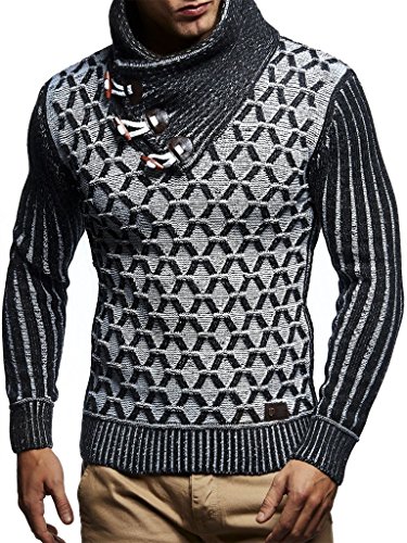 Leif Nelson Herren-Strickpullover Strick-Pulli mit Schalkragen Moderner Woll-Pullover LN5385 Schwarz Ecru Medium von Leif Nelson