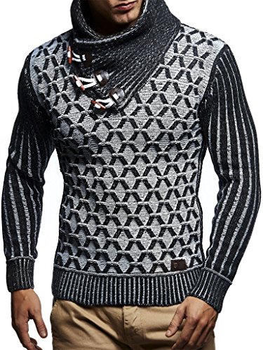 Leif Nelson Herren-Strickpullover Strick-Pulli mit Schalkragen Moderner Woll-Pullover LN5385 Schwarz Ecru Small von Leif Nelson