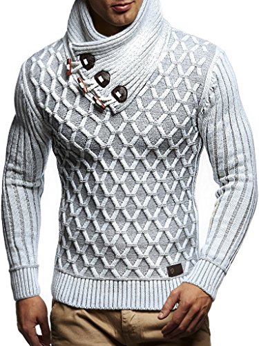 Leif Nelson Herren-Strickpullover Strick-Pulli mit Schalkragen Moderner Woll-Pullover Langarm LN5385 Ecru Grau Large von Leif Nelson