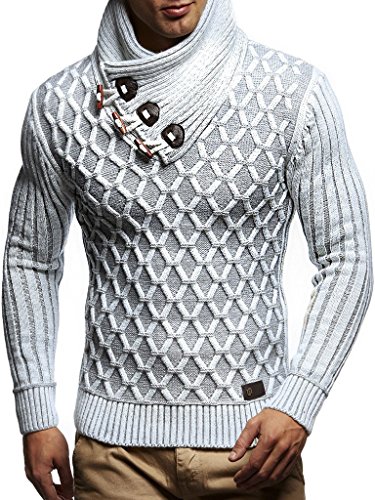 Leif Nelson Herren-Strickpullover Strick-Pulli mit Schalkragen Moderner Woll-Pullover Langarm LN5385 Ecru Grau Medium von Leif Nelson