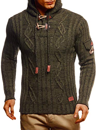 Leif Nelson Herren Strickpullover mit Kapuze Khaki/Hochwertiger Winterpullover in Regular Fit, ideal für Casual und Business, Langarm Größe 4XL von Leif Nelson