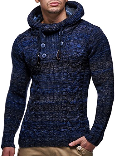 Leif Nelson Herren Strickpullover mit Kapuze Blau/Hochwertiger Winterpullover in Regular Fit, ideal für Casual und Business, Langarm Größe L von Leif Nelson