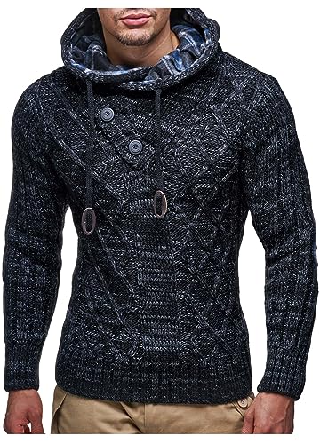 Leif Nelson Herren Strickpullover mit Kapuze schwarz/Hochwertiger Winterpullover in Regular Fit, ideal für Casual und Business, Langarm Größe M von Leif Nelson