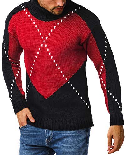 Leif Nelson Herren Strickpullover schwarzer Pullover mit Rollkragen Rollkragenpullover Männer Pulli für Winter Longsleeve Langarm Grobstrick Winterpullover Grob LN6010 L Dunkel Blau-Rot von Leif Nelson