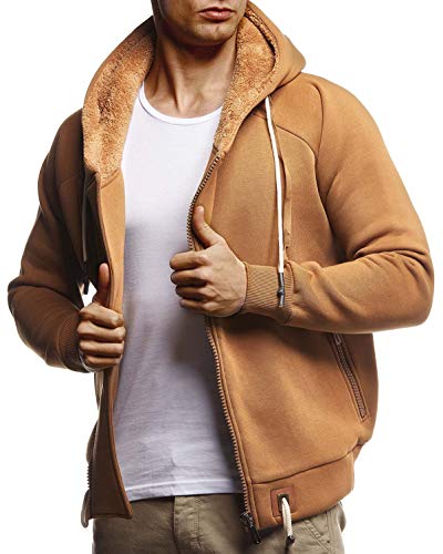 Leif Nelson Herren Sweatjacke Freizeitjacke mit Kapuze Schwarze Übergangsjacke Baumwolle-Anteil Basic Hoodie für Männer Kapuzenjacke Sweater LN8290 M Camel von Leif Nelson