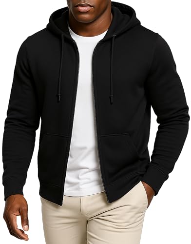 Leif Nelson Herren Sweatjacke mit Kapuze, Leichte Zip Hoodie Jacke für Sport & Freizeit, Basic Übergangsjacke Männer mit Reißverschluss, Atmungsaktiv & Bequem, S-XXL, Schwarz, Größe XXL von Leif Nelson