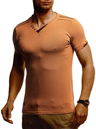 Leif Nelson Herren T-Shirt V-Ausschnitt Weißes Kurzarmshirt Sweatshirt Kurzarm Longsleeve Basic Sommer Shirt Slim Fit LN1355 XL Camel von Leif Nelson