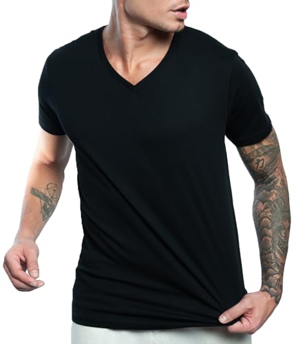 Leif Nelson Herren T-Shirt mit V-Ausschnitt, Slim Fit Basic Shirt aus Baumwolle, Kurzarm Männer Oberteil für Alltag & Freizeit, schwarz XXL von Leif Nelson