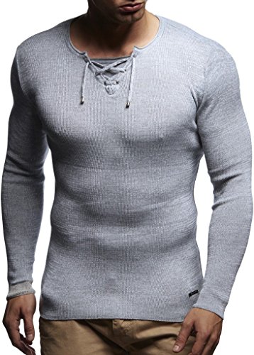 Leif Nelson Herren dünner Strick-Pullover Rundhals-Ausschnitt Slim Fit Winter Sommer Moderner Männer Winterpullover Wollpullover Langarm Crew Neck Feinstrick LN1590 Ecru-Grau XX-Large von Leif Nelson