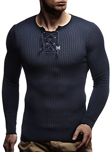 Leif Nelson Herren dünner Strick-Pullover Rundhals-Ausschnitt Slim Fit Winter Sommer Moderner Männer Winterpullover Wollpullover Langarm Crew Neck Feinstrick LN1605 Blau-Indigo Large von Leif Nelson