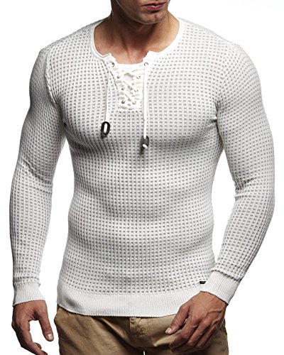 Leif Nelson Herren dünner Strick-Pullover Rundhals-Ausschnitt Slim Fit Winter Sommer Moderner Männer Winterpullover Wollpullover Langarm Crew Neck Feinstrick LN1605 Ecru-Grau Large von Leif Nelson