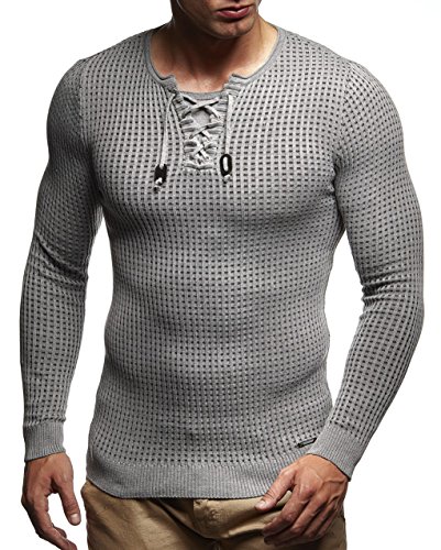 Leif Nelson Herren dünner Strick-Pullover Rundhals-Ausschnitt Slim Fit Winter Sommer Moderner Männer Winterpullover Wollpullover Langarm Crew Neck Feinstrick LN1605 Grau-Schwarz XX-Large von Leif Nelson