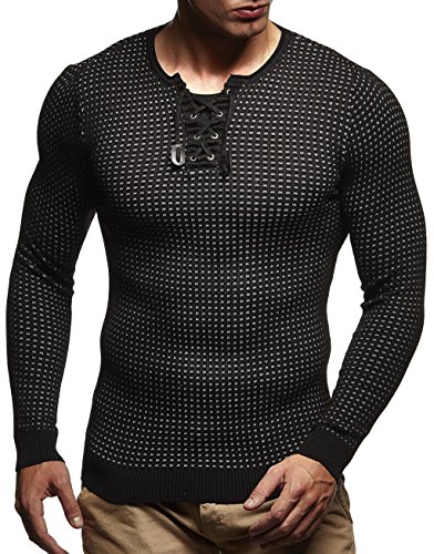 Leif Nelson Herren dünner Strick-Pullover Rundhals-Ausschnitt Slim Fit Winter Sommer Moderner Männer Winterpullover Wollpullover Langarm Crew Neck Feinstrick LN1605 Schwarz-Ecru XX-Large von Leif Nelson