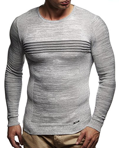 Leif Nelson Herren dünner Strick-Pullover Rundhals-Ausschnitt Slim Fit Winter Sommer Moderner Männer Winterpullover Wollpullover Langarm Crew Neck Feinstrick LN1660 Ecru-Grau 1600 X-Large von Leif Nelson