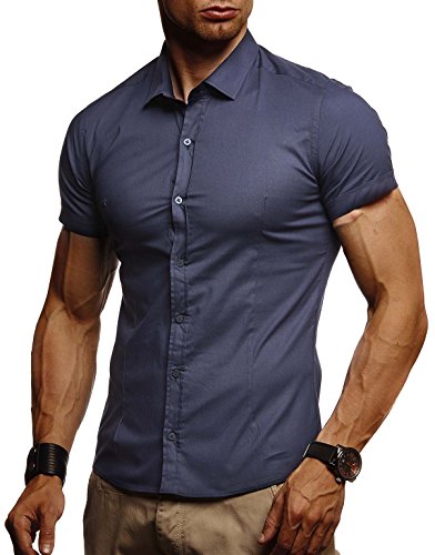 Leif Nelson Herren weißes Hemd Slim Fit Kurzarm Schwarzes Männer Stretch Kurzarmhemd Freizeithemd Jungen Kurzarmshirt Sommerhemd Business T-Shirt Freizeit Party LN3520 Dunkel Blau Medium von Leif Nelson
