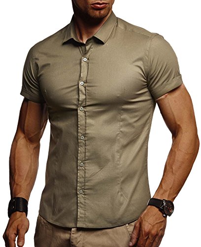 Leif Nelson Herren weißes Hemd Slim Fit Kurzarm Schwarzes Männer Stretch Kurzarmhemd Freizeithemd Jungen Kurzarmshirt Sommerhemd Business T-Shirt Freizeit Party LN3520 Khaki X-Large von Leif Nelson