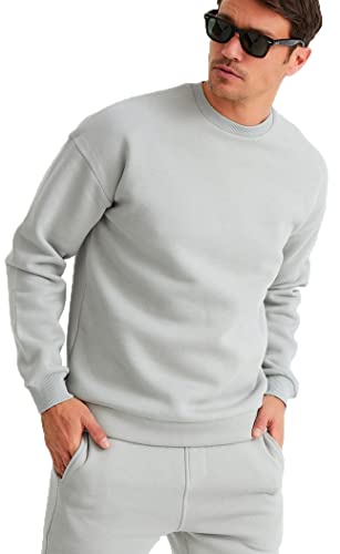 Leif Nelson Oversize Pullover Grau Baumwolle mit Rundhalskragen Männer Pulli Sweatshirt Langarmshirt Größe S von Leif Nelson