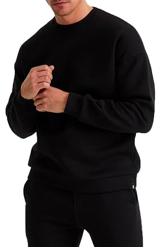 Leif Nelson Oversize Pullover schwarz Baumwolle mit Rundhalskragen Männer Pulli Sweatshirt Langarmshirt Größe L von Leif Nelson