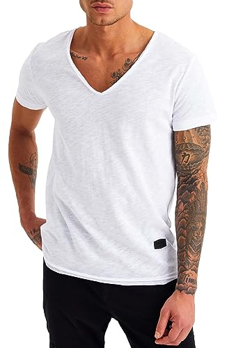Leif Nelson Sommer T-Shirt Herren V-Ausschnitt (weiß, Größe M) - Coole Tshirts V-Neck Baumwolle - Basic Shirts Männer Kurzarm tiefem Ausschnitt von Leif Nelson