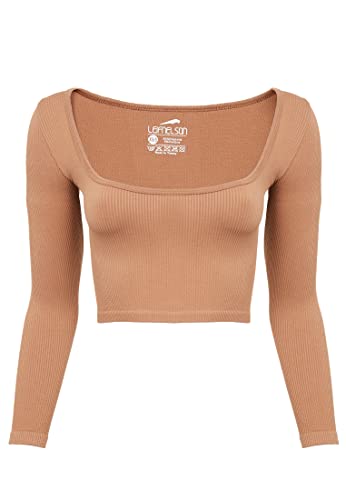 Leif Nelson Sport BH Damen Crop Top Bauchfrei Seamless ärmellos Fitness T-Shirt Mädchen Sport Shirt Yoga Kurzarmshirts LN-8425 Braun M/L von Leif Nelson