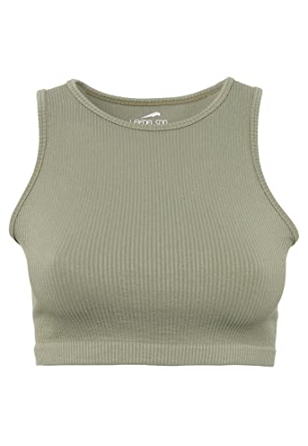 Leif Nelson Sport BH Damen Crop Top Bauchfrei Seamless ärmellos Fitness T-Shirt Mädchen Sport Shirt Yoga Kurzarmshirts LN-8425 Khaki M/L von Leif Nelson