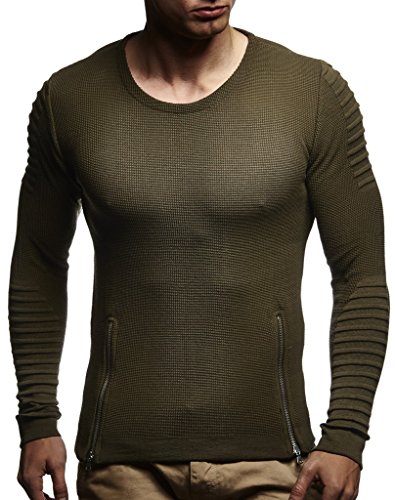 Leif Nelson Strickpullover Herren Rundhals (Khaki, Größe L) - Dünner Männer Strick Pullover für Winter & Sommer - Coole Crewneck Männer Pullover von Leif Nelson