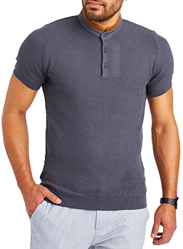 Leif Nelson T-Shirt Herren Feinstrick Sommer Grandad Kragen Basic Männer Shirt Crew Neck Jungen Kurzarmshirt Kurzarm Sleeve LN7705 Anthrazit Größe L von Leif Nelson