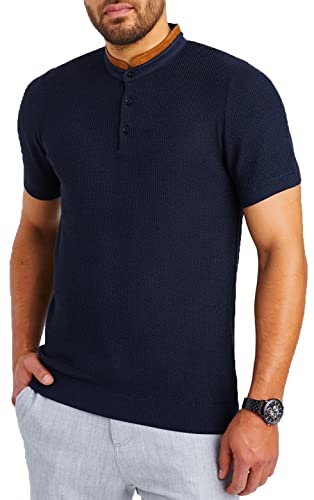 Leif Nelson T-Shirt Herren Feinstrick Sommer Grandad Kragen Basic Männer Shirt Crew Neck Jungen Kurzarmshirt Kurzarm Sleeve LN7705 Blau Größe S von Leif Nelson