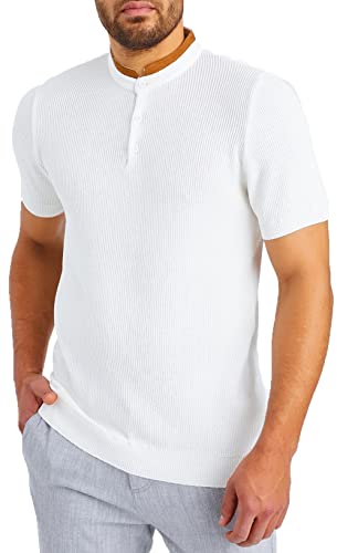 Leif Nelson T-Shirt Herren Feinstrick Sommer Grandad Kragen Basic Männer Shirt Crew Neck Jungen Kurzarmshirt Kurzarm Sleeve LN7705 Ecru Größe L von Leif Nelson