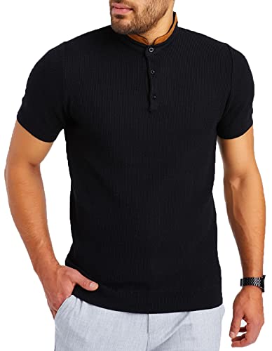 Leif Nelson T-Shirt Herren Feinstrick Sommer Grandad Kragen Basic Männer Shirt Crew Neck Jungen Kurzarmshirt Kurzarm Sleeve LN7705 Schwarz Größe L von Leif Nelson