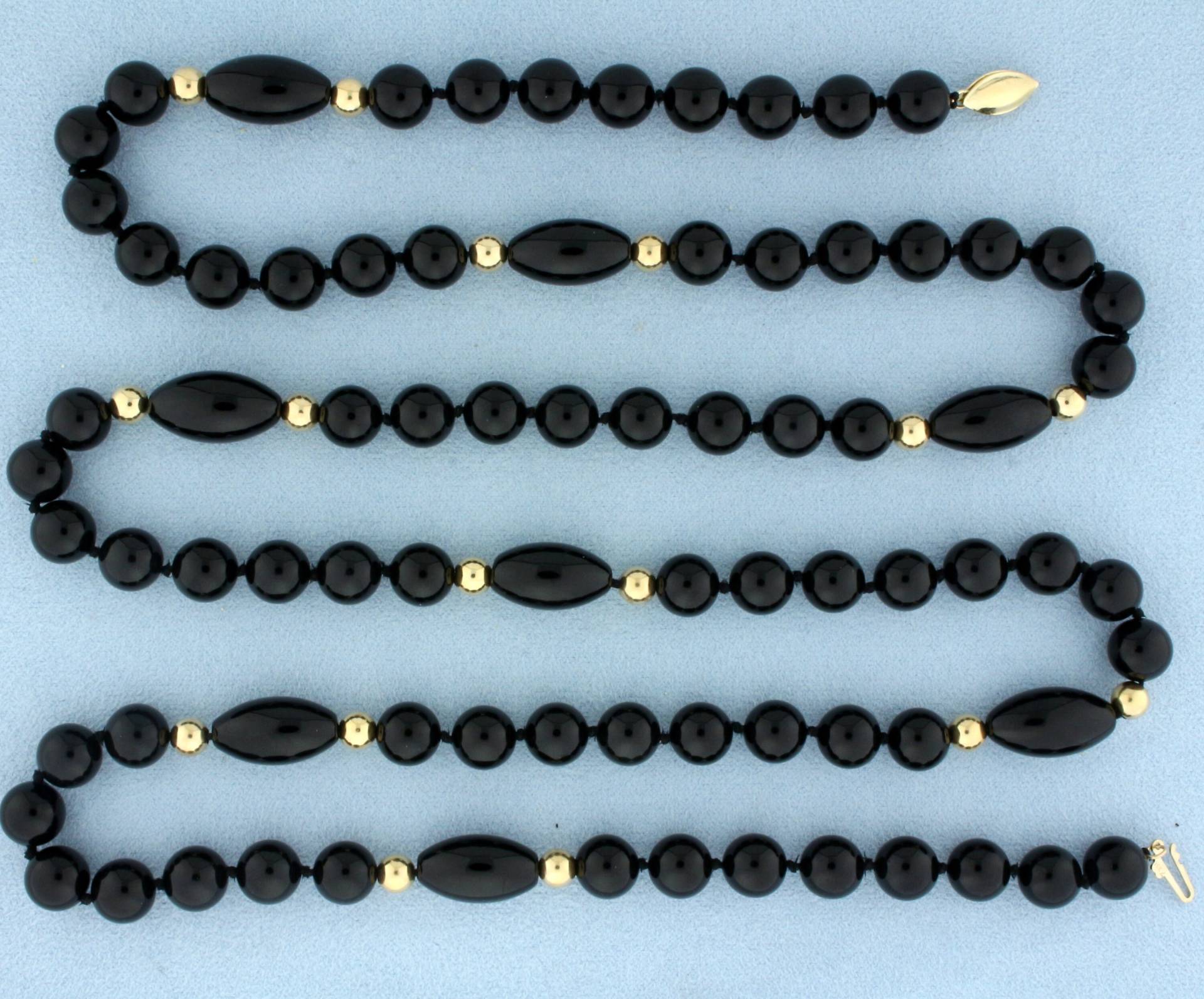 35 Zoll Onyx Und Goldperle Handgeknüpfte Halskette in 14K Gelbgold von LeifJewelryCo