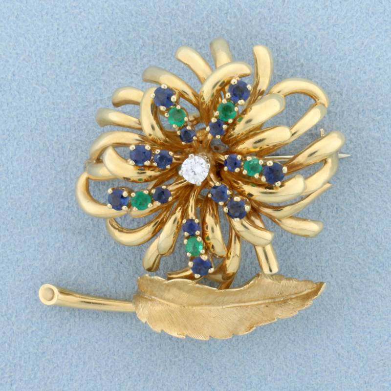 Vintage Designer Dan Frere Smaragd, Saphir, Und Diamant Feder Blumen Design Pin Brosche in 14K Gelbgold von LeifJewelryCo